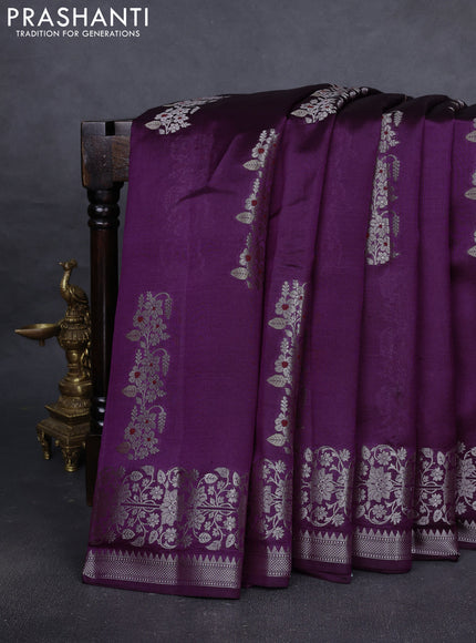 Poona silk saree purple with zari woven floral buttas and silver zari woven border