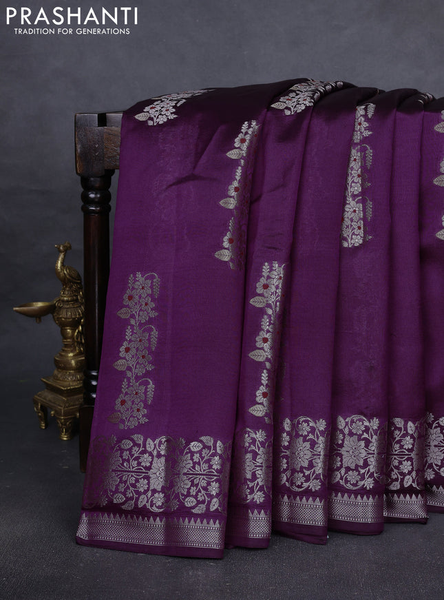 Poona silk saree purple with zari woven floral buttas and silver zari woven border