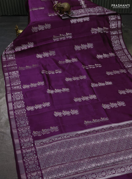 Poona silk saree purple with zari woven floral buttas and silver zari woven border