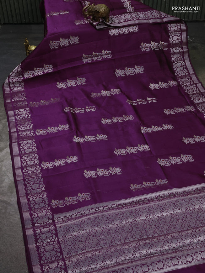 Poona silk saree purple with zari woven floral buttas and silver zari woven border
