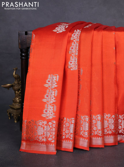 Poona silk saree orange with zari woven floral buttas and silver zari woven border