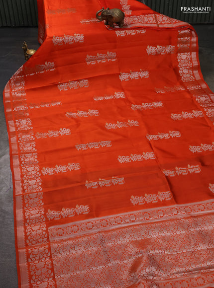 Poona silk saree orange with zari woven floral buttas and silver zari woven border