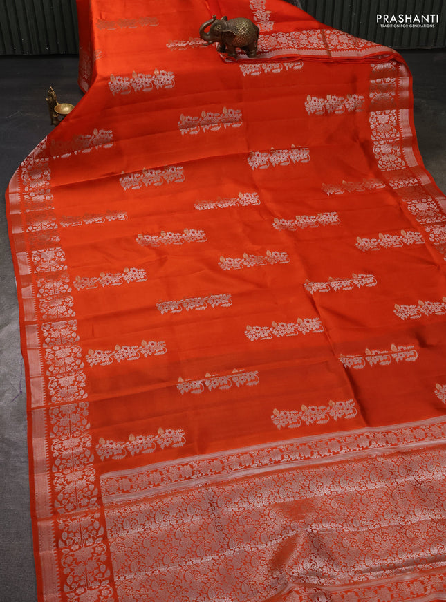Poona silk saree orange with zari woven floral buttas and silver zari woven border