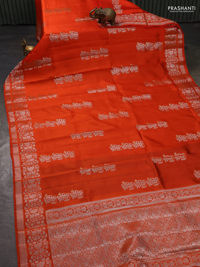 Poona silk saree orange with zari woven floral buttas and silver zari woven border