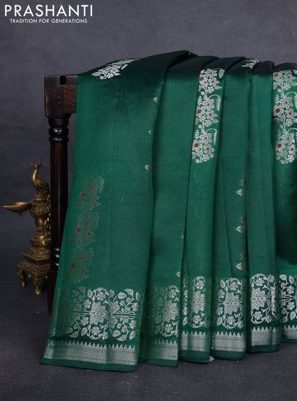 Poona silk saree green with zari woven floral buttas and silver zari woven border