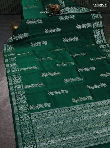 Poona silk saree green with zari woven floral buttas and silver zari woven border