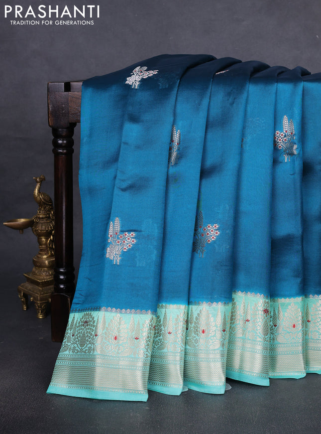Banarasi poona silk saree cs blue and teal blue with zari woven buttas and zari woven border