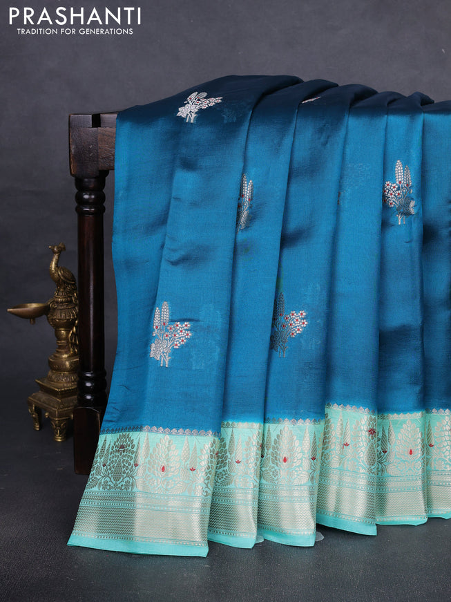 Banarasi poona silk saree cs blue and teal blue with zari woven buttas and zari woven border