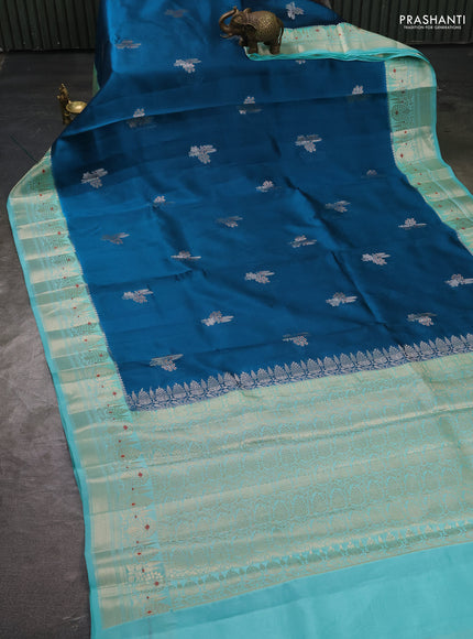 Banarasi poona silk saree cs blue and teal blue with zari woven buttas and zari woven border