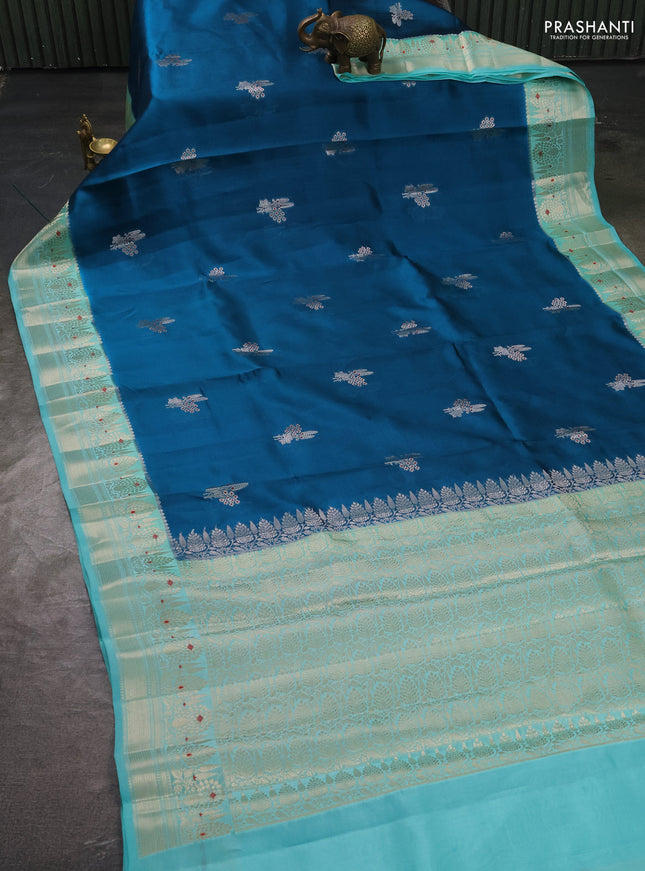 Banarasi poona silk saree cs blue and teal blue with zari woven buttas and zari woven border