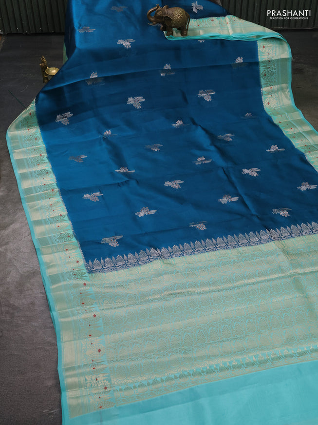 Banarasi poona silk saree cs blue and teal blue with zari woven buttas and zari woven border