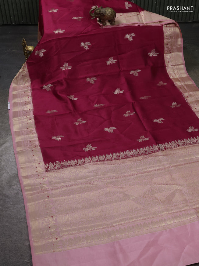 Banarasi poona silk saree red and peach pink with zari woven buttas and zari woven border