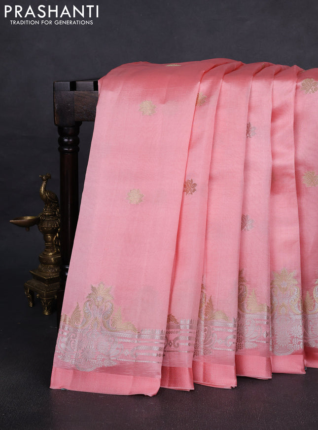 Banarasi poona silk saree peach shade with silver & gold zari woven buttas and rich zari woven border
