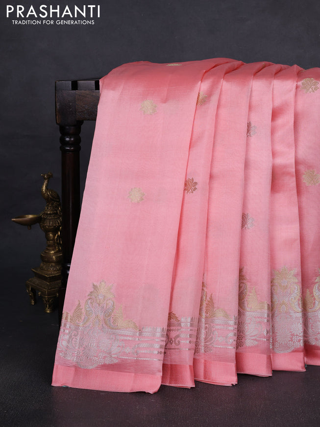 Banarasi poona silk saree peach shade with silver & gold zari woven buttas and rich zari woven border