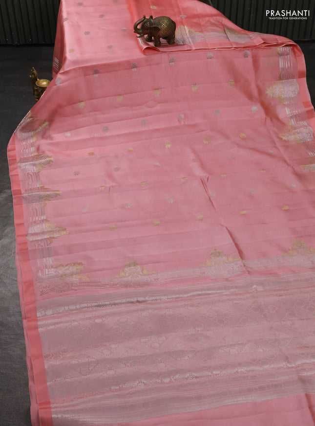 Banarasi poona silk saree peach shade with silver & gold zari woven buttas and rich zari woven border