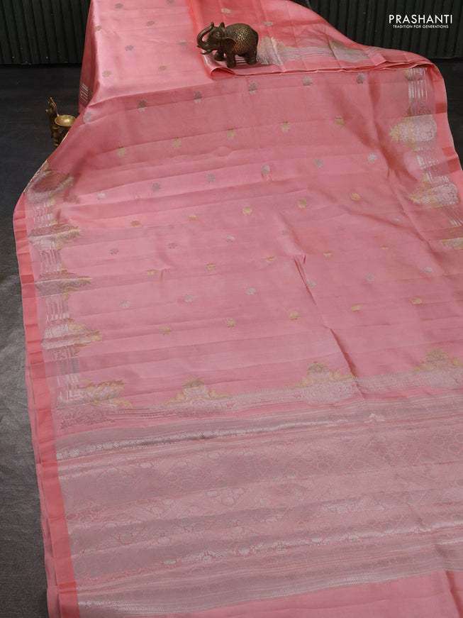 Banarasi poona silk saree peach shade with silver & gold zari woven buttas and rich zari woven border