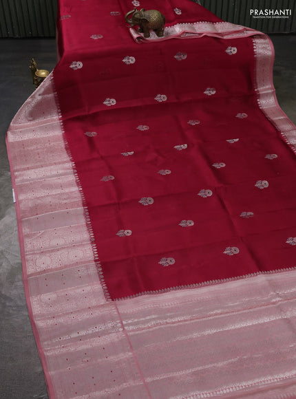 Banarasi poona silk saree red and peach orange with zari woven buttas and long zari woven border