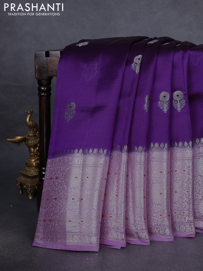 Banarasi poona silk saree purple and light pink with zari woven buttas and long zari woven border