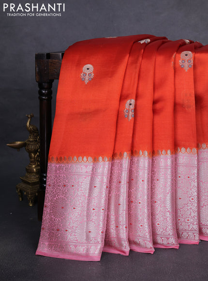 Banarasi poona silk saree orange and pastel pink with zari woven buttas and long zari woven border