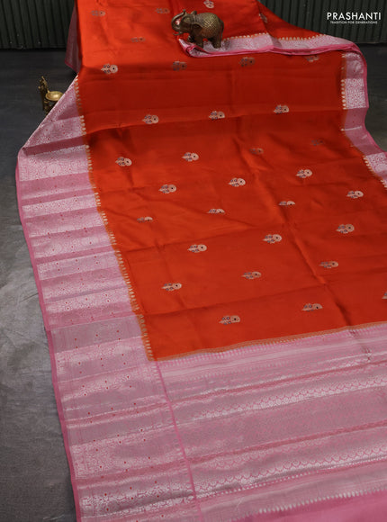 Banarasi poona silk saree orange and pastel pink with zari woven buttas and long zari woven border