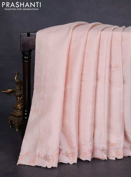Pure tussar silk saree mild peach orange with embroidered buttas and embroidery border