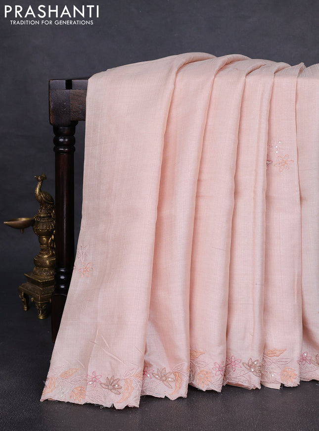 Pure tussar silk saree mild peach orange with embroidered buttas and embroidery border