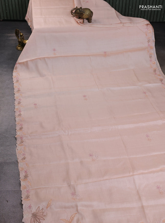 Pure tussar silk saree mild peach orange with embroidered buttas and embroidery border