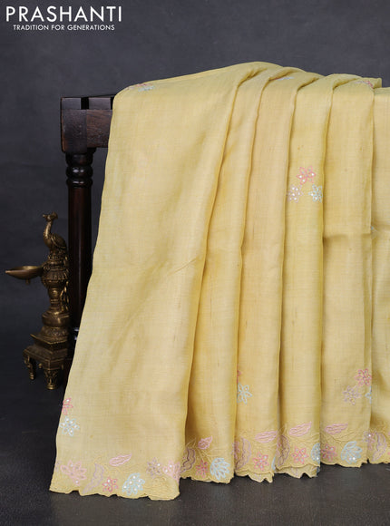 Pure tussar silk saree pale yellow with embroidered buttas and embroidery border