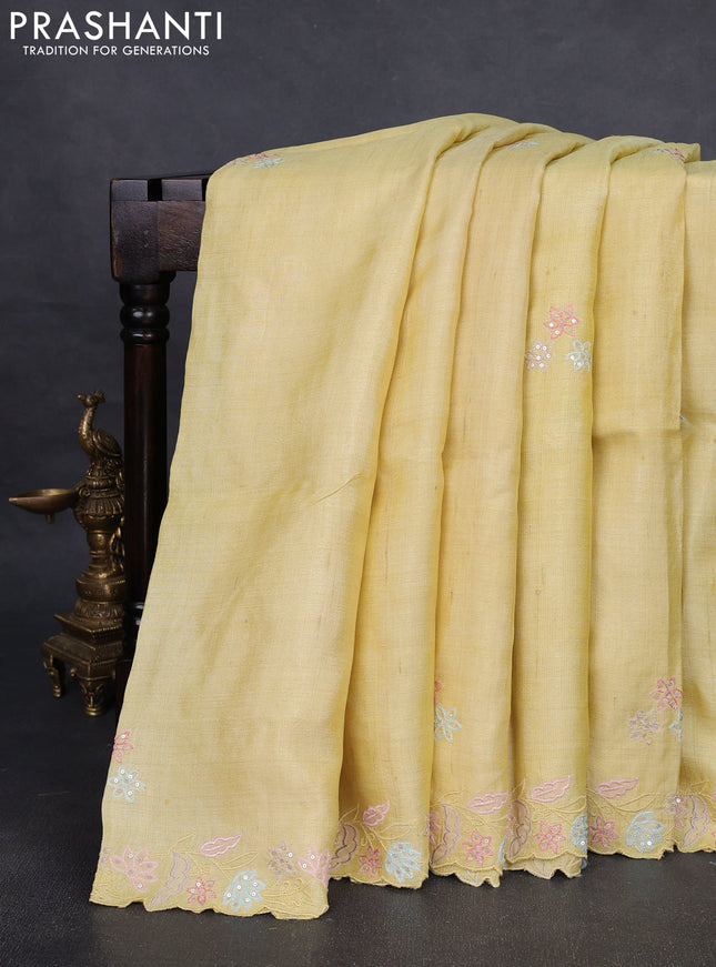 Pure tussar silk saree pale yellow with embroidered buttas and embroidery border