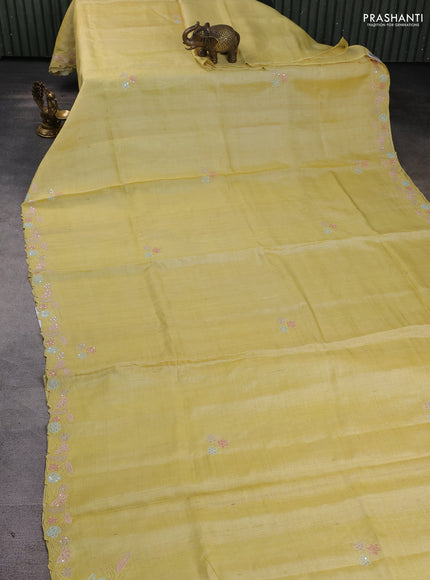 Pure tussar silk saree pale yellow with embroidered buttas and embroidery border