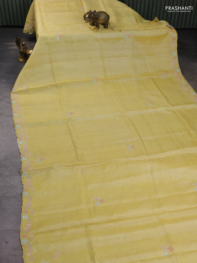 Pure tussar silk saree pale yellow with embroidered buttas and embroidery border