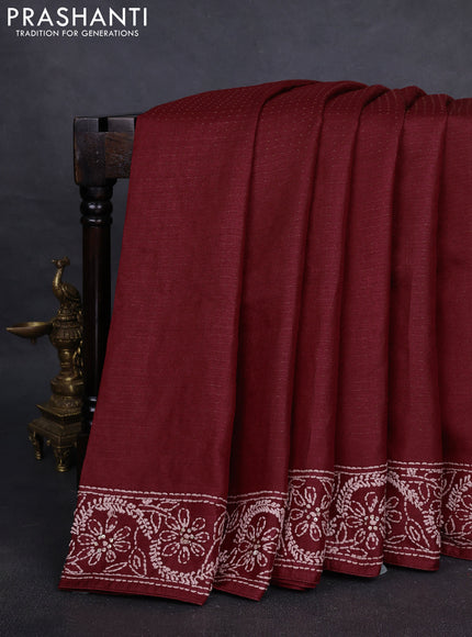 Pure tussar silk saree maroon with allover thread woven buttas and embroidery border