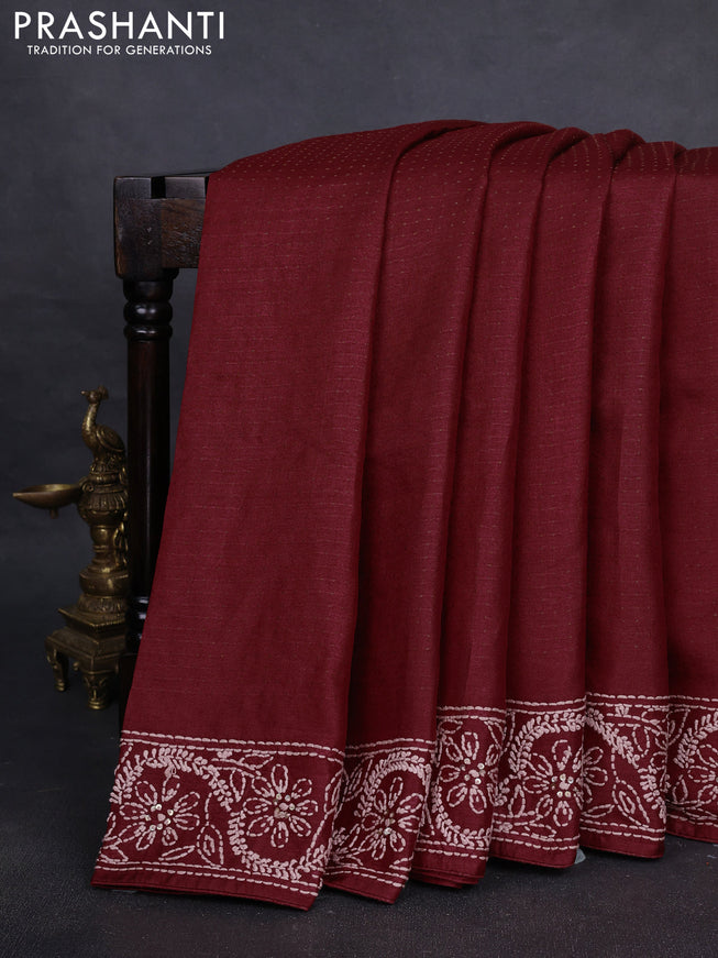 Pure tussar silk saree maroon with allover thread woven buttas and embroidery border