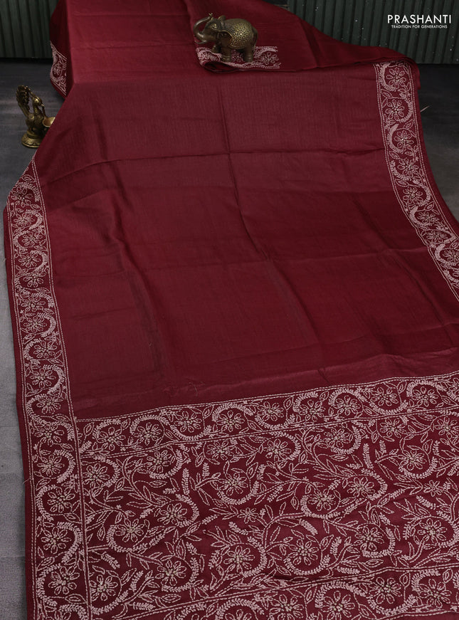 Pure tussar silk saree maroon with allover thread woven buttas and embroidery border