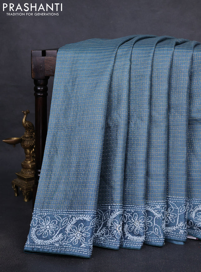 Pure tussar silk saree greyish blue with allover zari checks & buttas and embroidery border