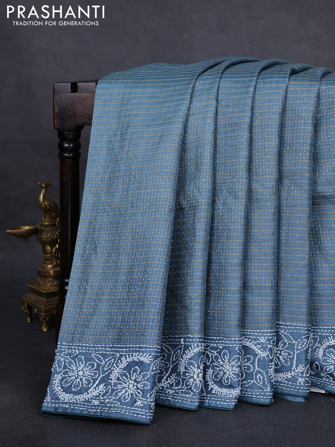 Pure tussar silk saree greyish blue with allover zari checks & buttas and embroidery border