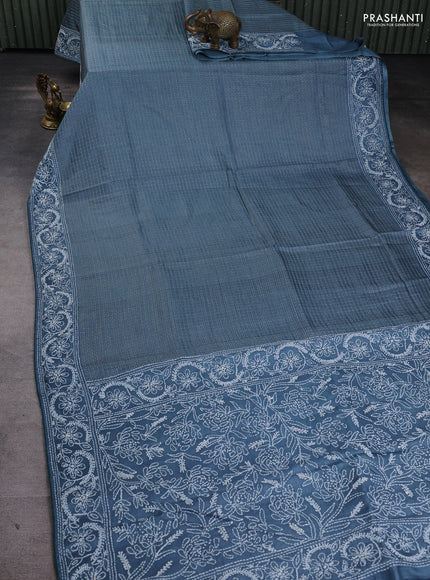 Pure tussar silk saree greyish blue with allover zari checks & buttas and embroidery border