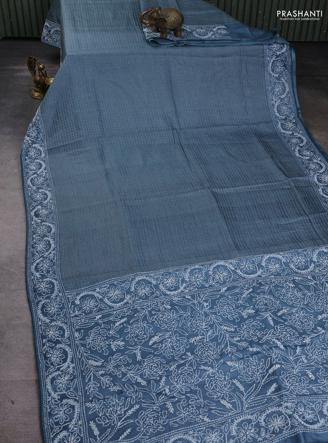 Pure tussar silk saree greyish blue with allover zari checks & buttas and embroidery border
