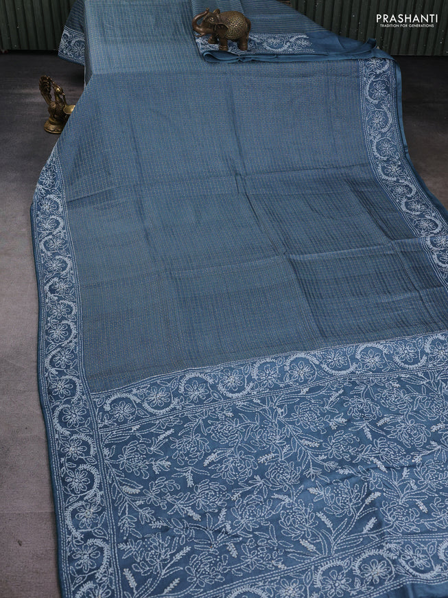 Pure tussar silk saree greyish blue with allover zari checks & buttas and embroidery border
