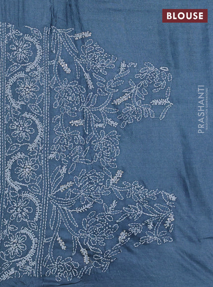 Pure tussar silk saree greyish blue with allover zari checks & buttas and embroidery border