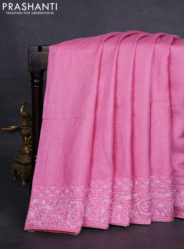 Pure tussar silk saree light pink with allover zari woven buttas and embroidery border
