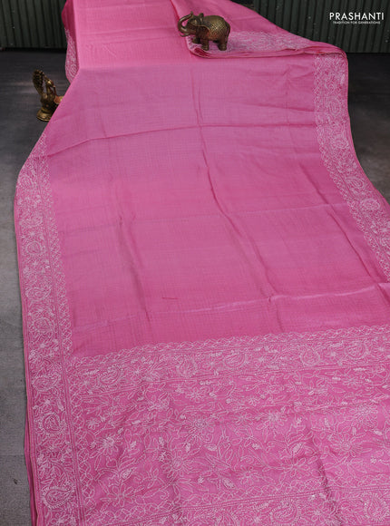 Pure tussar silk saree light pink with allover zari woven buttas and embroidery border