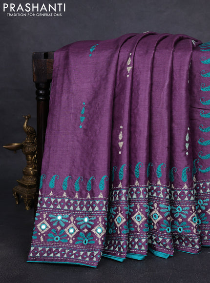 Pure tussar silk saree purple and teal green with embroidered buttas and kantha stitch work pallu