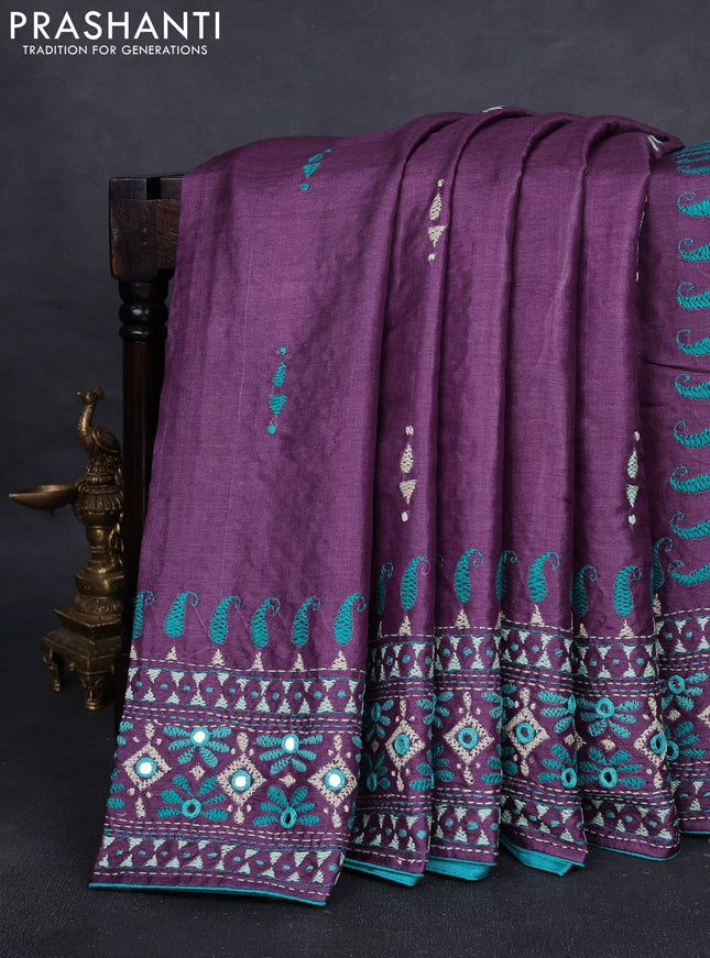 Pure tussar silk saree purple and teal green with embroidered buttas and kantha stitch work pallu