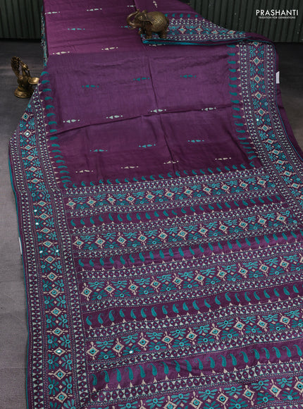 Pure tussar silk saree purple and teal green with embroidered buttas and kantha stitch work pallu