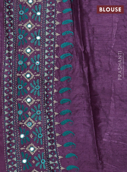 Pure tussar silk saree purple and teal green with embroidered buttas and kantha stitch work pallu