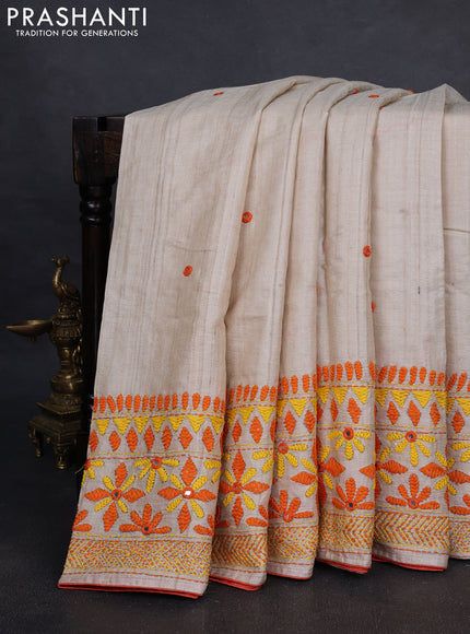 Pure tussar silk saree cream and orange with embroidered mirror buttas and kantha stitch work pallu