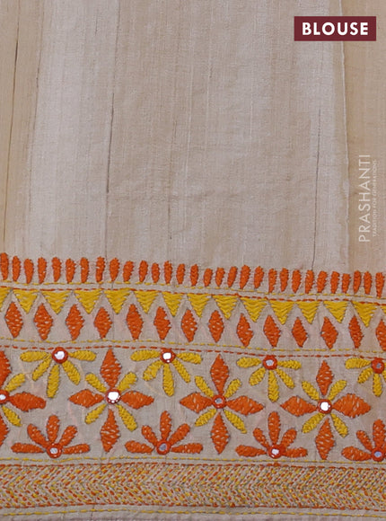 Pure tussar silk saree cream and orange with embroidered mirror buttas and kantha stitch work pallu