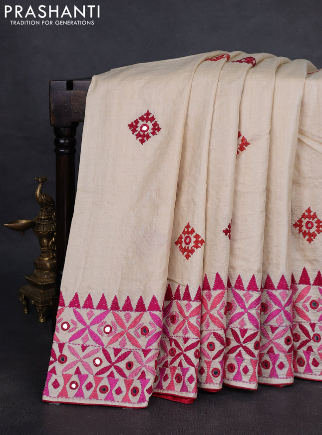 Pure tussar silk saree cream and pink with embroidered mirror buttas and kantha stitch work pallu