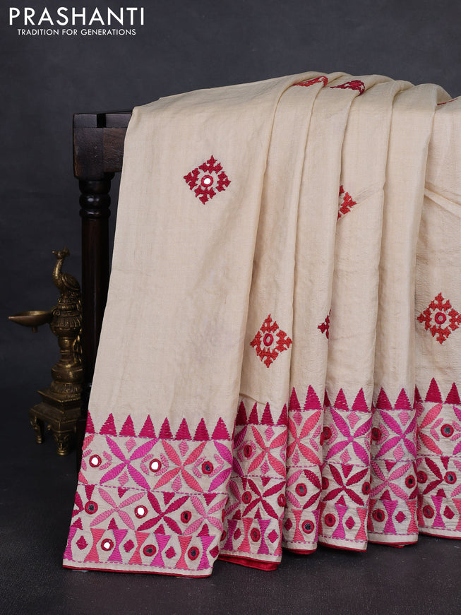 Pure tussar silk saree cream and pink with embroidered mirror buttas and kantha stitch work pallu